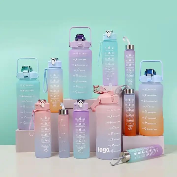 Sports Water Bottles 3 Pcs Set with Motivational Time Marker & Leak Proof Flip Top Lid (random color)