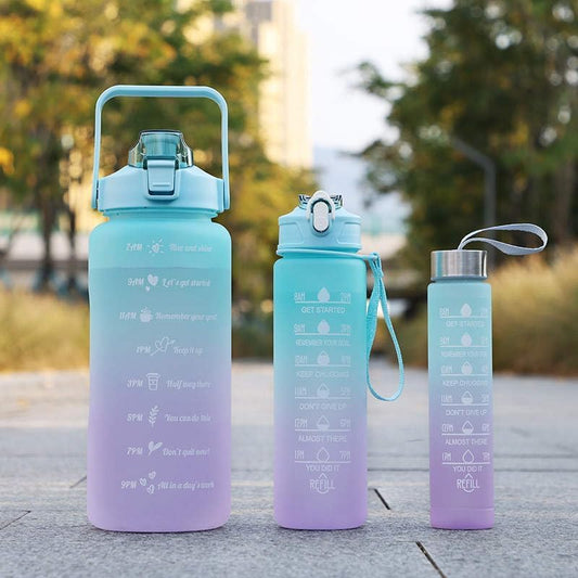 Sports Water Bottles 3 Pcs Set with Motivational Time Marker & Leak Proof Flip Top Lid (random color)