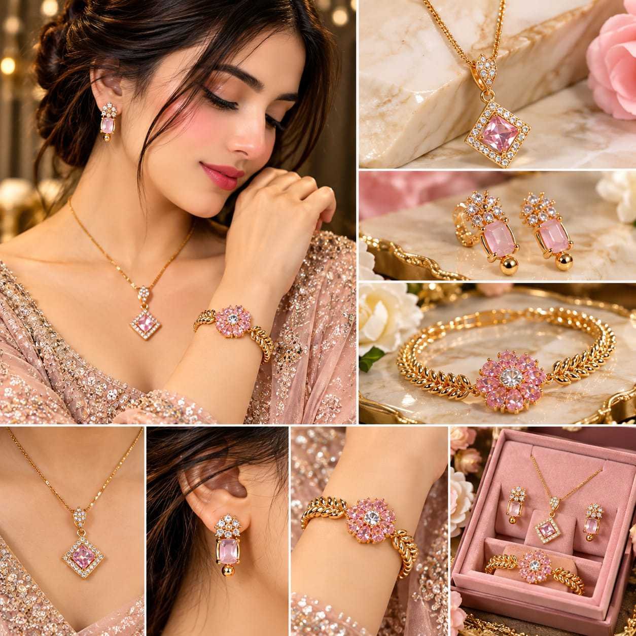 Latest Pink Crystal Gold Plated Jewelry Set Design 2026 | Stylish Pendant Set - Image 3