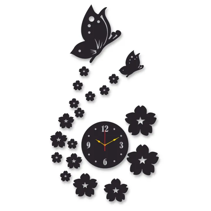 3d wall clock | Wall Clock With Wooden Butterflies , Flowers with light - Image 2
