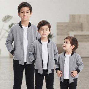 Kids Grey Bomber Zipper Jacket Casual Outerwear Long Sleeve Full Zip Up Daily Wear Winter Fashion