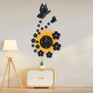 3d wall clock | Wall Clock With Wooden Butterflies , Flowers with light