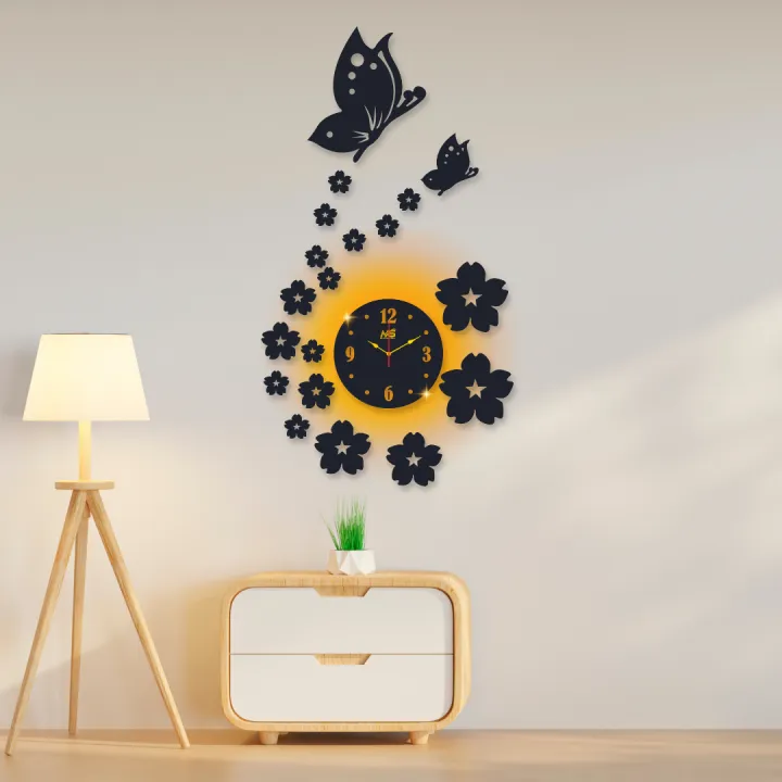 3d wall clock | Wall Clock With Wooden Butterflies , Flowers with light