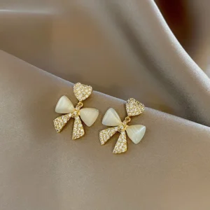 Heart Bow Zircon Korean Stud Earrings for Women - Elegant Golden Alloy Earrings Without Box