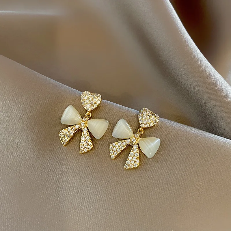 Heart Bow Zircon Korean Stud Earrings for Women - Elegant Golden Alloy Earrings Without Box