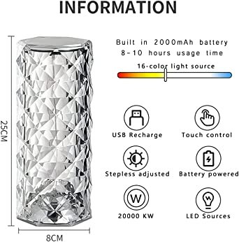 16 Colors Diamond Rose Crystal Lamp Bedside Acrylic Usb Rechargeable Table Lamp - Image 3