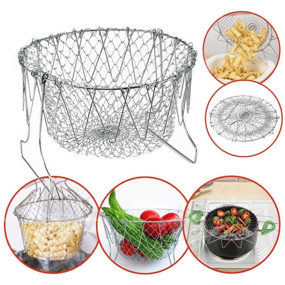 STAINLESS STEEL MULTI - FUNCTIONAL FOLDABLE COOKING Chef Basket Deluxe Kitchen Colander, MESH STEAM RINSE STRAIN… - Image 5