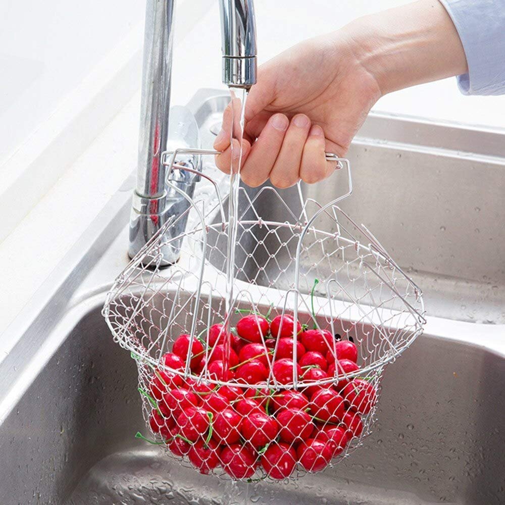 STAINLESS STEEL MULTI - FUNCTIONAL FOLDABLE COOKING Chef Basket Deluxe Kitchen Colander, MESH STEAM RINSE STRAIN… - Image 4