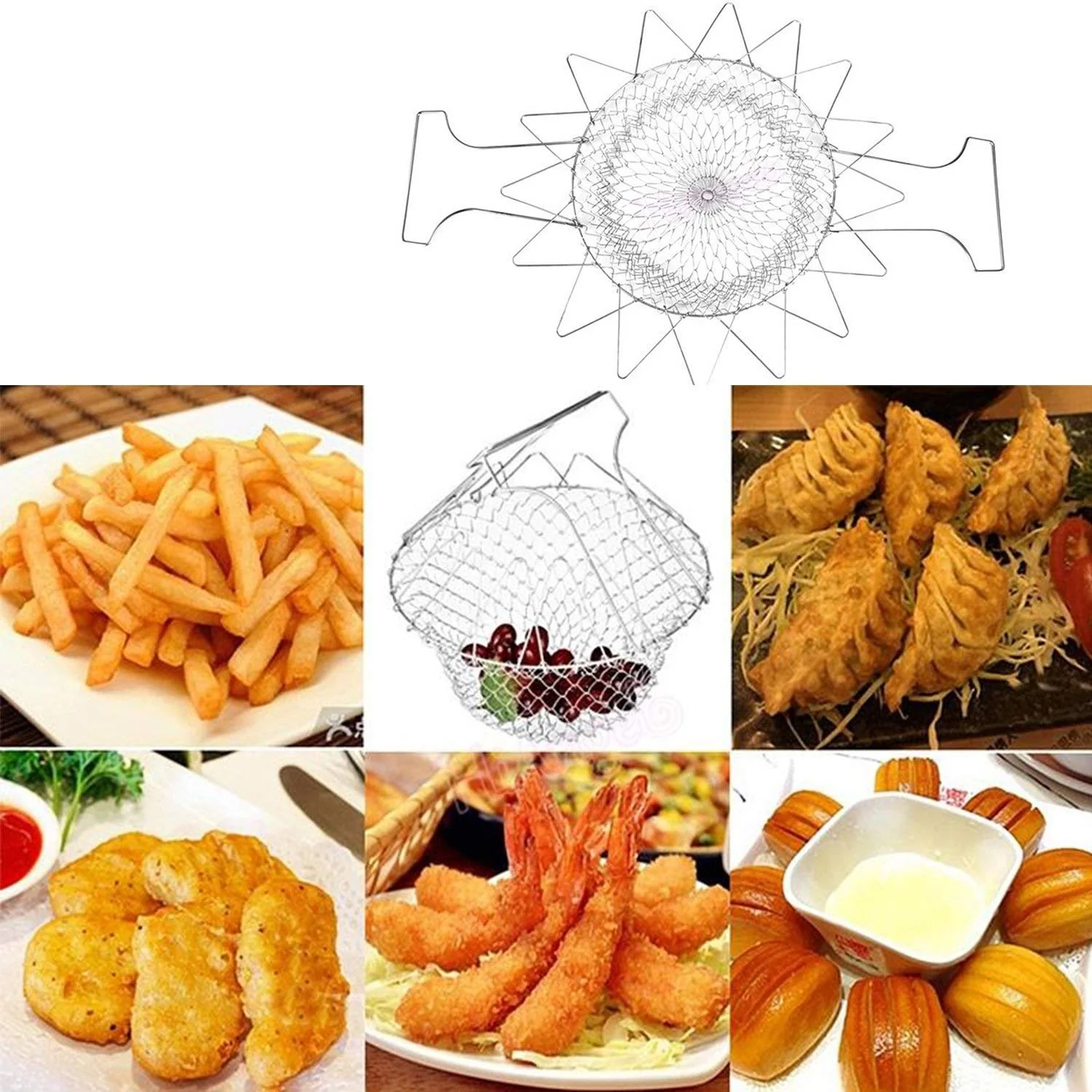 STAINLESS STEEL MULTI - FUNCTIONAL FOLDABLE COOKING Chef Basket Deluxe Kitchen Colander, MESH STEAM RINSE STRAIN… - Image 3