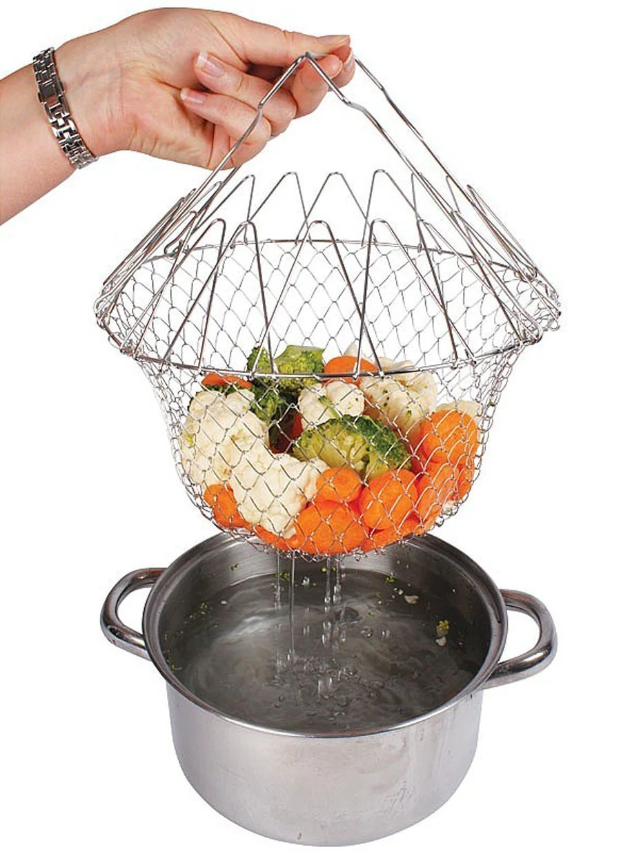 STAINLESS STEEL MULTI - FUNCTIONAL FOLDABLE COOKING Chef Basket Deluxe Kitchen Colander, MESH STEAM RINSE STRAIN… - Image 2