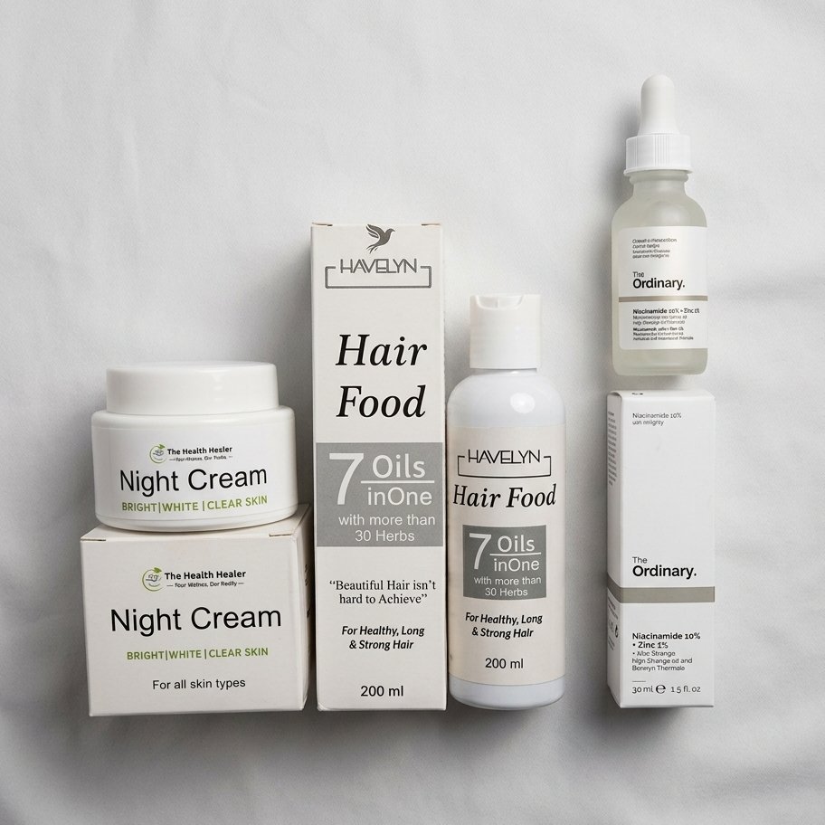 3 in 1 Skin Care, Hair Care Bundle - Hair Oil, Night Creams and Niacinamide Serum