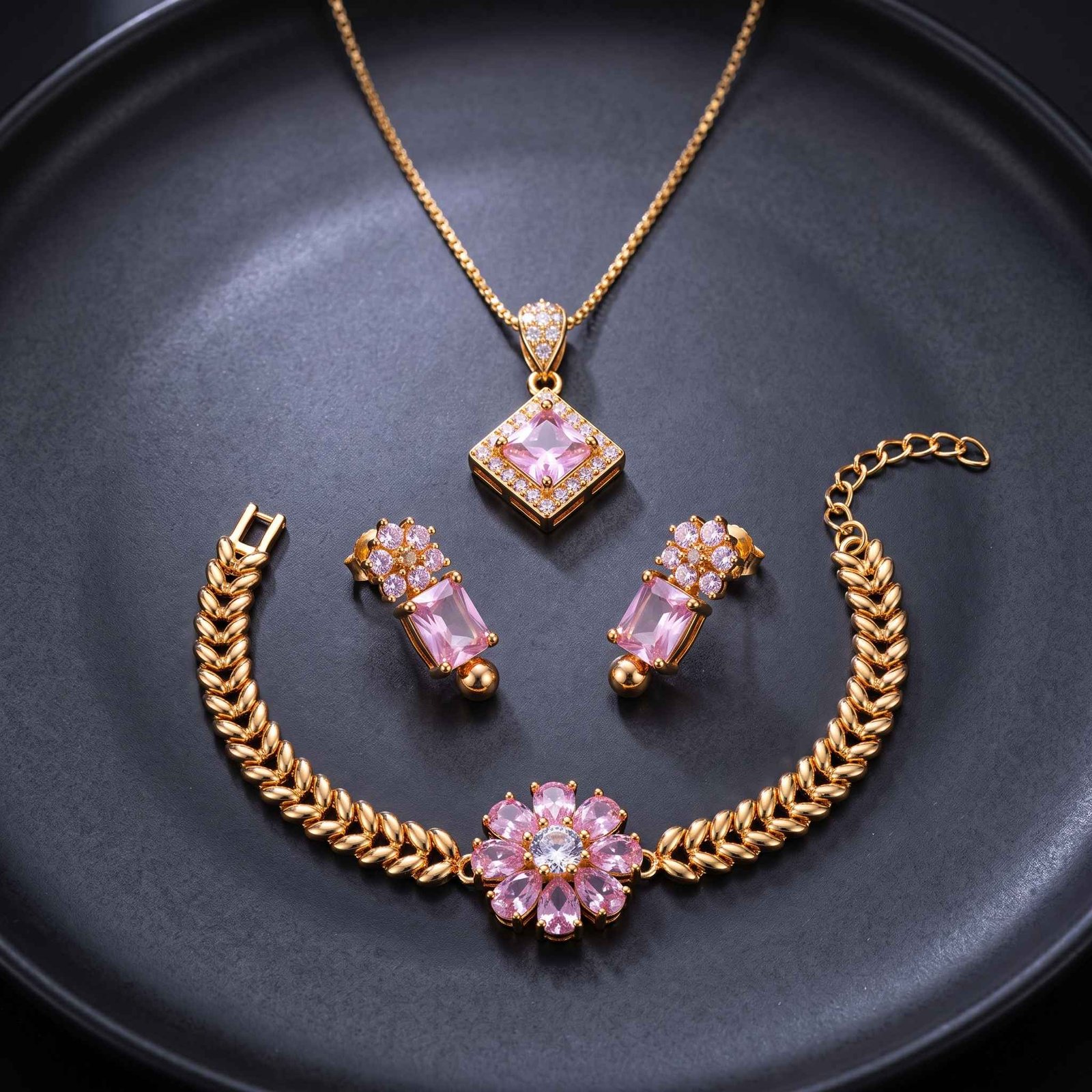 Latest Pink Crystal Gold Plated Jewelry Set Design 2026 | Stylish Pendant Set - Image 2