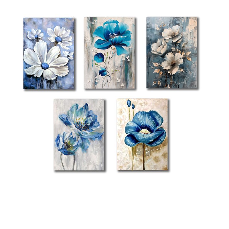 Set of 5 Blue Flowers Wall Art Wooden Frames for Home Decoration / Sticky Photo Tiles