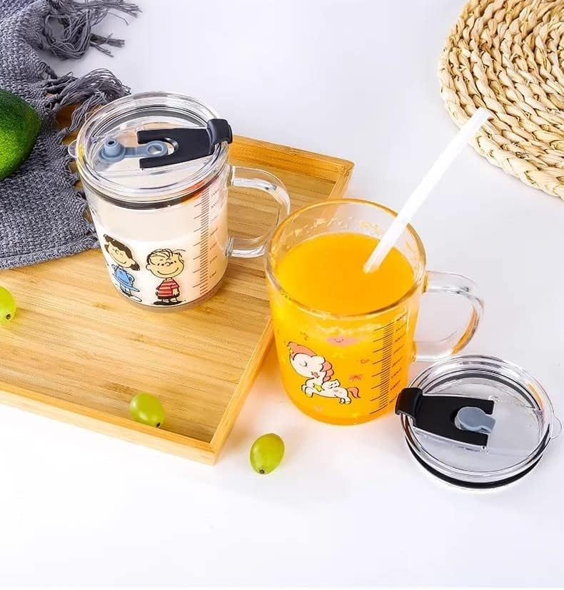 Unicorn Shape 350 ML Glass Mug with Straw and Lid Creative Cartoon Children's Glass Milk Cup Juice Glass Drink…