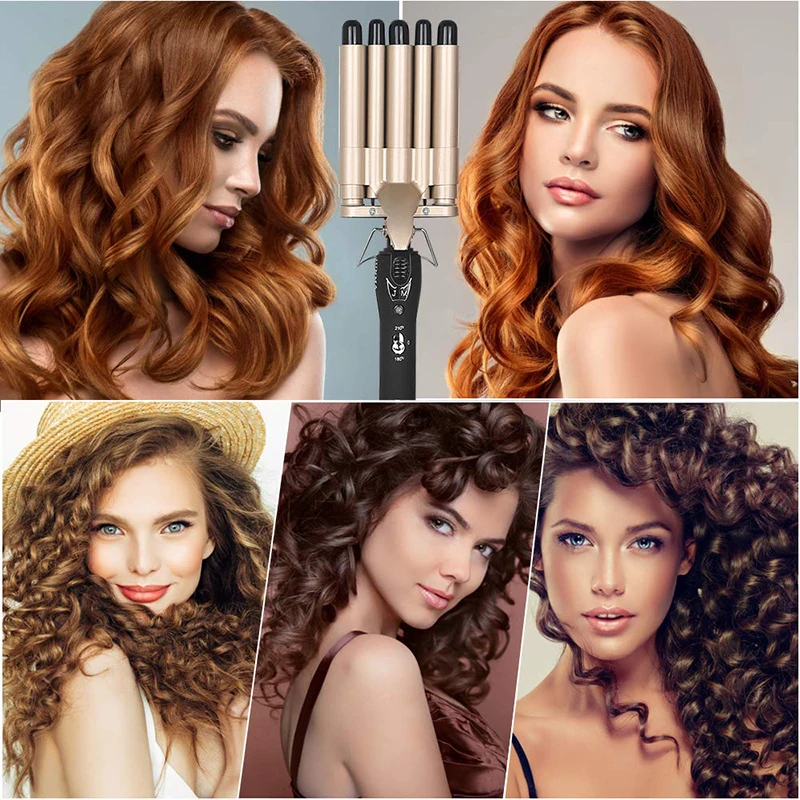 Hair Crimper, 5 Barrel Easy Curling Iron Wand 14 Levels Temperature Adjustable for Do Hairstyle for Girls for…