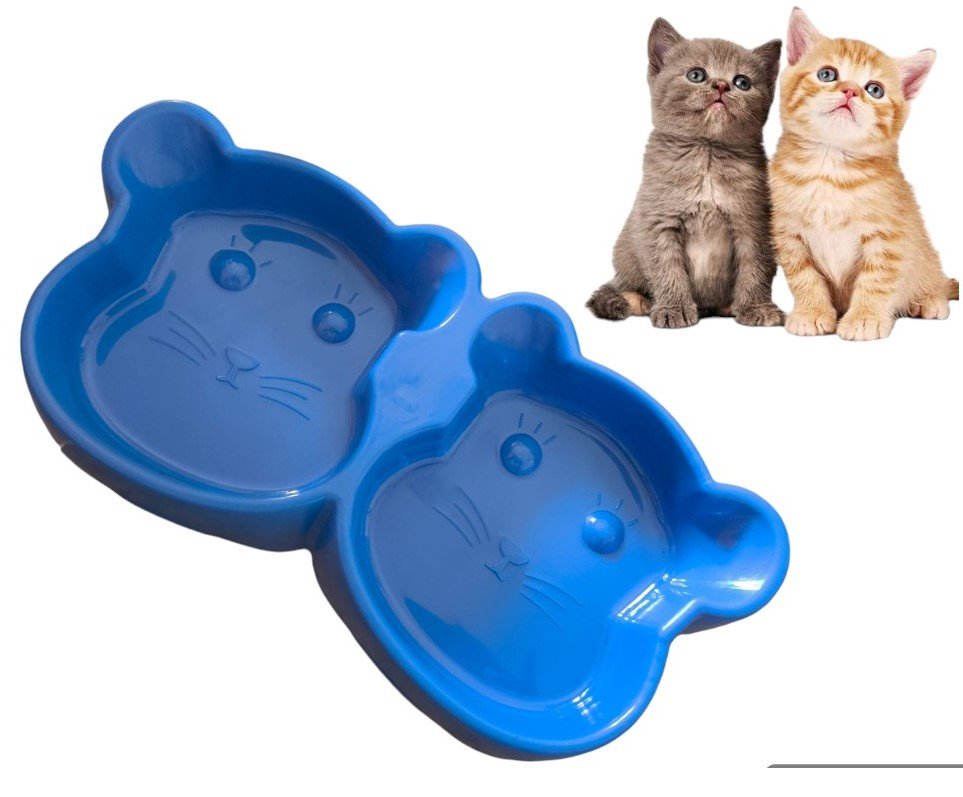 Cat Shaped Double Food Bowl for Pets - Plastic Random Color - Image 3