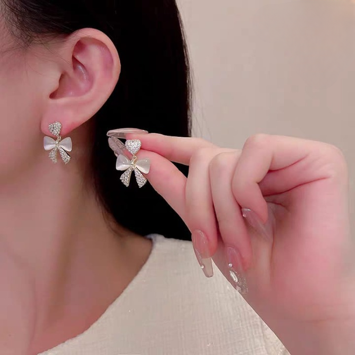 Heart Bow Zircon Korean Stud Earrings for Women - Elegant Golden Alloy Earrings Without Box - Image 2