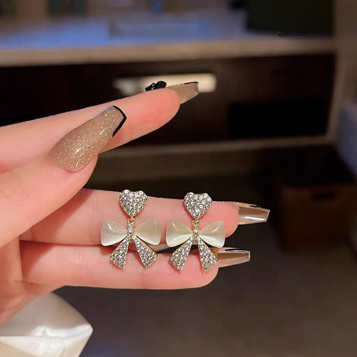 Heart Bow Zircon Korean Stud Earrings for Women - Elegant Golden Alloy Earrings Without Box - Image 3