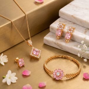 Latest Pink Crystal Gold Plated Jewelry Set Design 2026 | Stylish Pendant Set