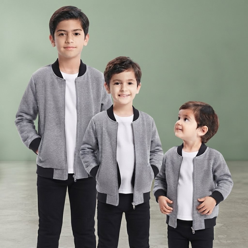 Kids Grey Bomber Zipper Jacket Casual Outerwear Long Sleeve Full Zip Up Daily Wear Winter Fashion - Image 3